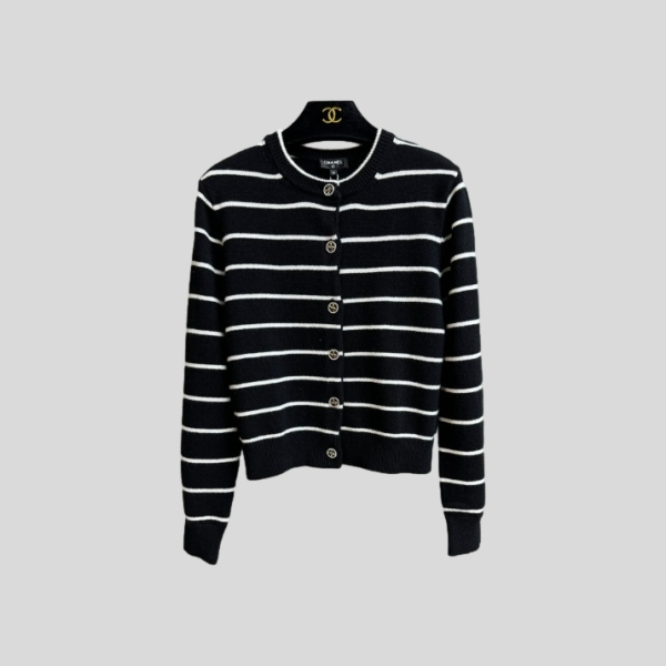 샤넬 스트라이프 캐시미어 가디건 블랙