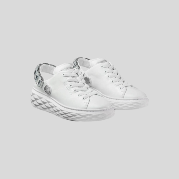 지미추 크리스털 스트랩 디테일 화이트 나파 가죽 슬리퍼 스니커즈