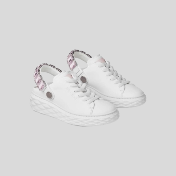 지미추 크리스털 스트랩 디테일 화이트핑크 나파 가죽 슬리퍼 스니커즈