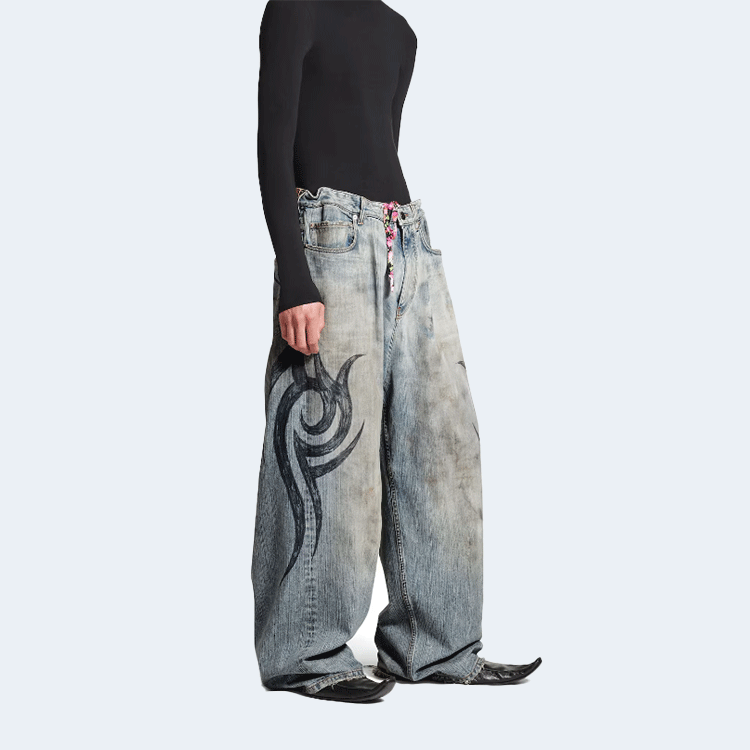 발렌시아가 남성 Y2k 스트레치드 니 배기 팬츠 라이트 블루