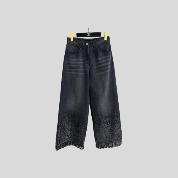 샤넬 펄 스팽글 와이드 레그 진 블랙