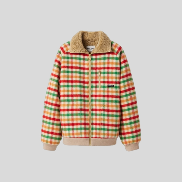 미우미우 플리스 라인드 체크 블루종 자켓