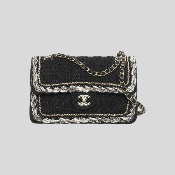 샤넬 클래식 스몰 플랩 백 코튼 트위드 & 골드 메탈 블랙